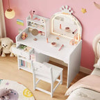 Toeletta per bambini con luci, mobile da trucco 2 in 1 principessa per bambini, set tavolo e sedia con libreria aperta, mobiletto e mensole per bambine