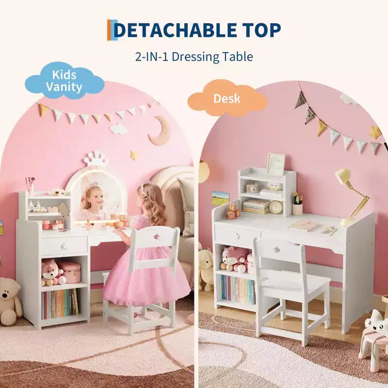 Toeletta per bambini con luci, mobile da trucco 2 in 1 principessa per bambini, set tavolo e sedia con libreria aperta, mobiletto e mensole per bambine