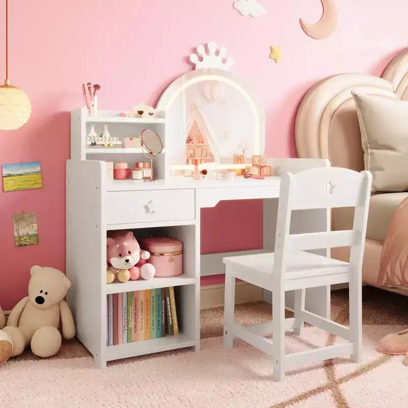 Toeletta per bambini con luci, mobile da trucco 2 in 1 principessa per bambini, set tavolo e sedia con libreria aperta, mobiletto e mensole per bambine