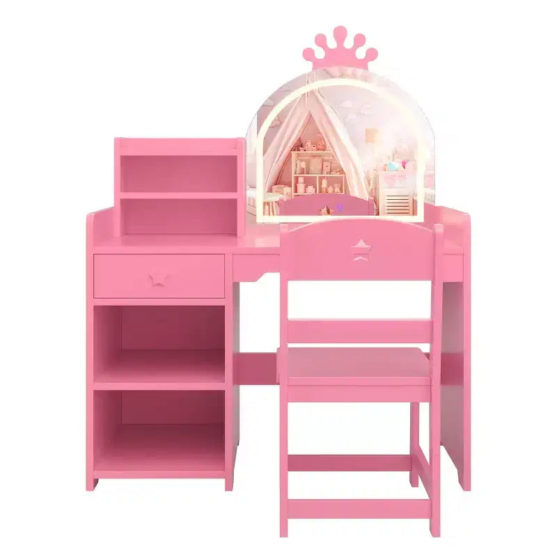 Toeletta per bambini con luci, mobile da trucco 2 in 1 principessa per bambini, set tavolo e sedia con libreria aperta, mobiletto e mensole per bambine