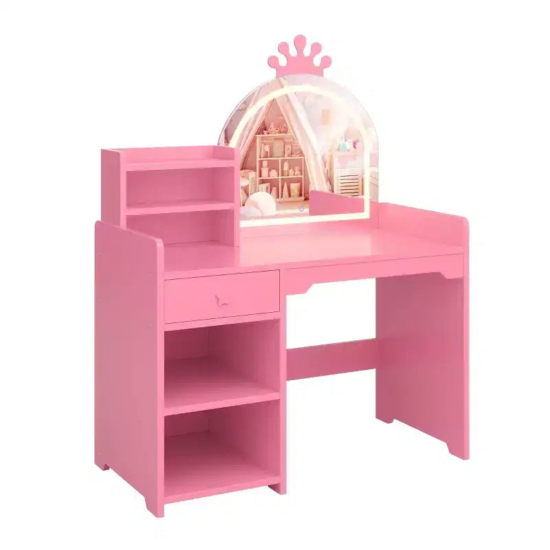 Toeletta per bambini con luci, mobile da trucco 2 in 1 principessa per bambini, set tavolo e sedia con libreria aperta, mobiletto e mensole per bambine