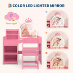 Toeletta per bambini con luci, mobile da trucco 2 in 1 principessa per bambini, set tavolo e sedia con libreria aperta, mobiletto e mensole per bambine