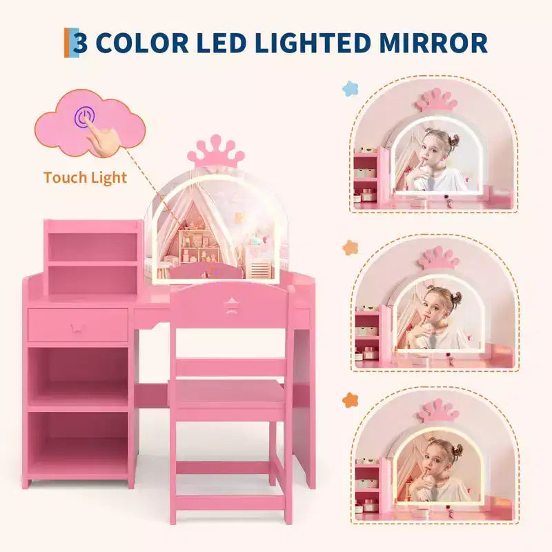 Toeletta per bambini con luci, mobile da trucco 2 in 1 principessa per bambini, set tavolo e sedia con libreria aperta, mobiletto e mensole per bambine