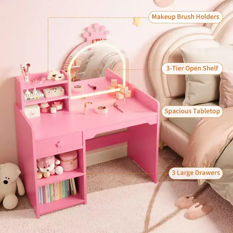 Toeletta per bambini con luci, mobile da trucco 2 in 1 principessa per bambini, set tavolo e sedia con libreria aperta, mobiletto e mensole per bambine