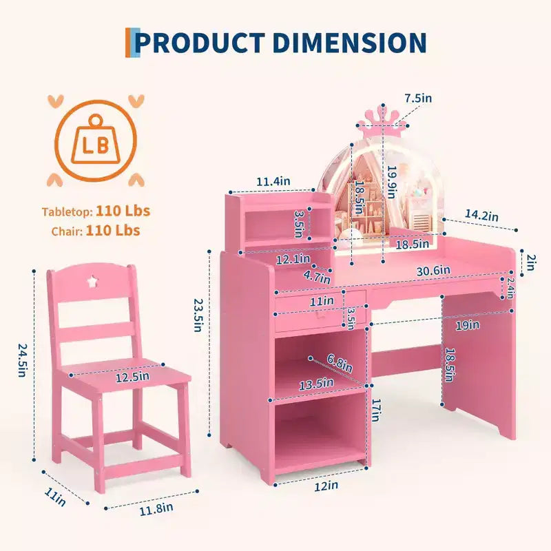 Toeletta per bambini con luci, mobile da trucco 2 in 1 principessa per bambini, set tavolo e sedia con libreria aperta, mobiletto e mensole per bambine