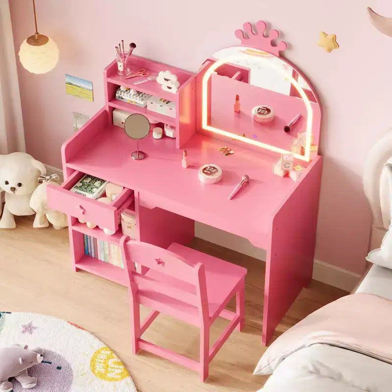 Toeletta per bambini con luci, mobile da trucco 2 in 1 principessa per bambini, set tavolo e sedia con libreria aperta, mobiletto e mensole per bambine