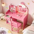 Toeletta per bambini con luci, mobile da trucco 2 in 1 principessa per bambini, set tavolo e sedia con libreria aperta, mobiletto e mensole per bambine