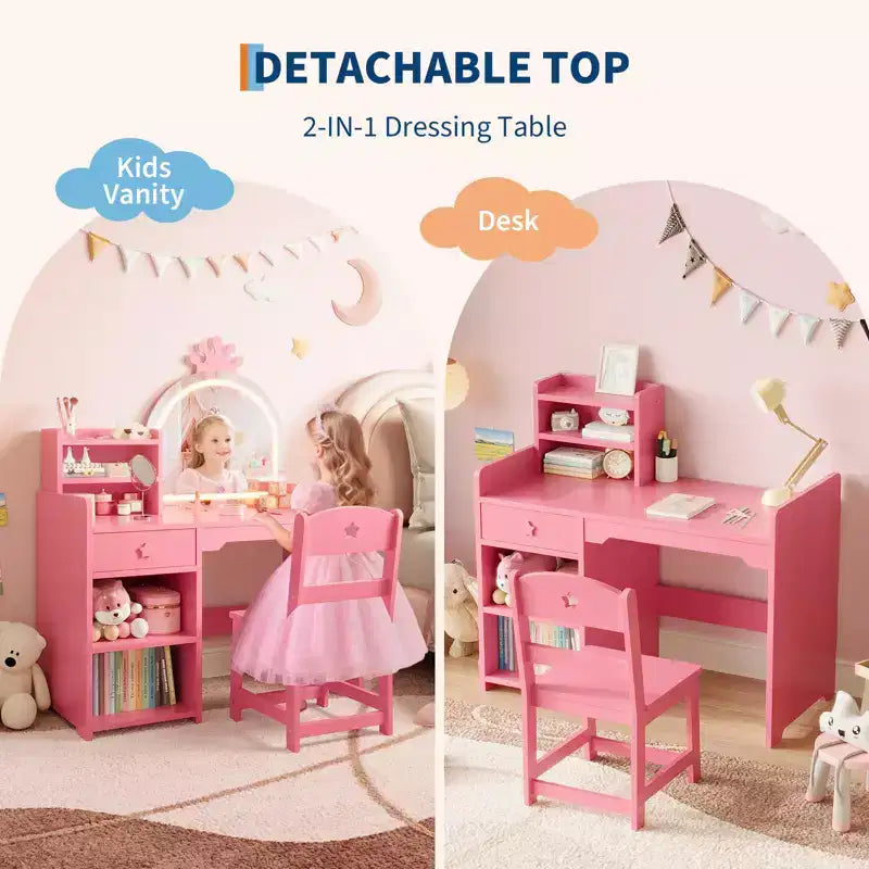 Toeletta per bambini con luci, mobile da trucco 2 in 1 principessa per bambini, set tavolo e sedia con libreria aperta, mobiletto e mensole per bambine