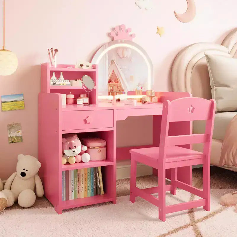 Toeletta per bambini con luci, mobile da trucco 2 in 1 principessa per bambini, set tavolo e sedia con libreria aperta, mobiletto e mensole per bambine