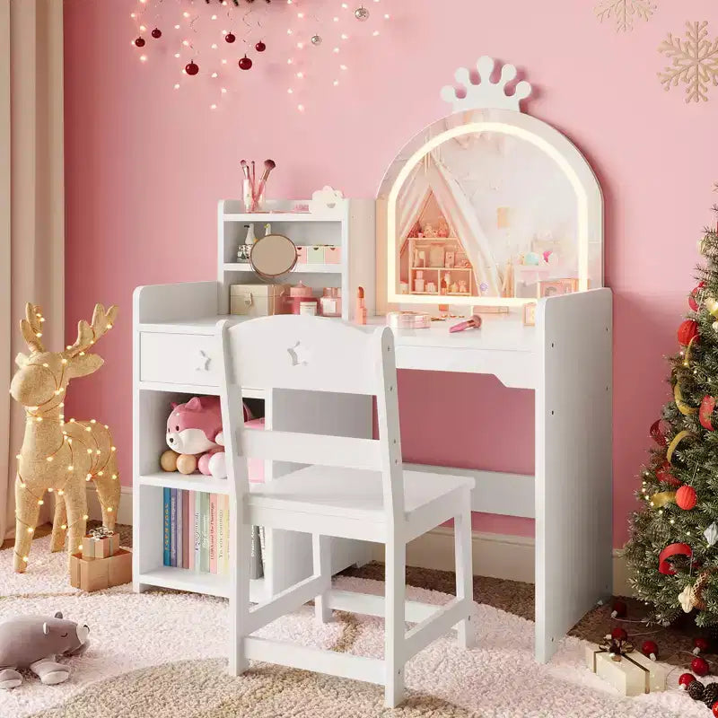 Toeletta per bambini con luci, mobile da trucco 2 in 1 principessa per bambini, set tavolo e sedia con libreria aperta, mobiletto e mensole per bambine