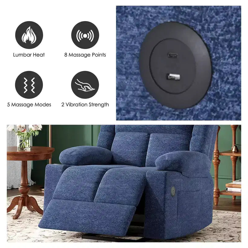 Poltrona reclinabile elettrica con funzione di sollevamento, massaggio, riscaldamento, porte USB e portabicchieri