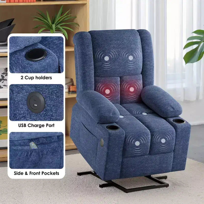 Poltrona reclinabile elettrica con funzione di sollevamento, massaggio, riscaldamento, porte USB e portabicchieri