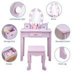 TROPOW Set Tavolino da Trucco e Sedia per Bambini, con Specchio Illuminato, Set da Trucco per Bambine, Viola