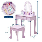 TROPOW Set Tavolino da Trucco e Sedia per Bambini, con Specchio Illuminato, Set da Trucco per Bambine, Viola