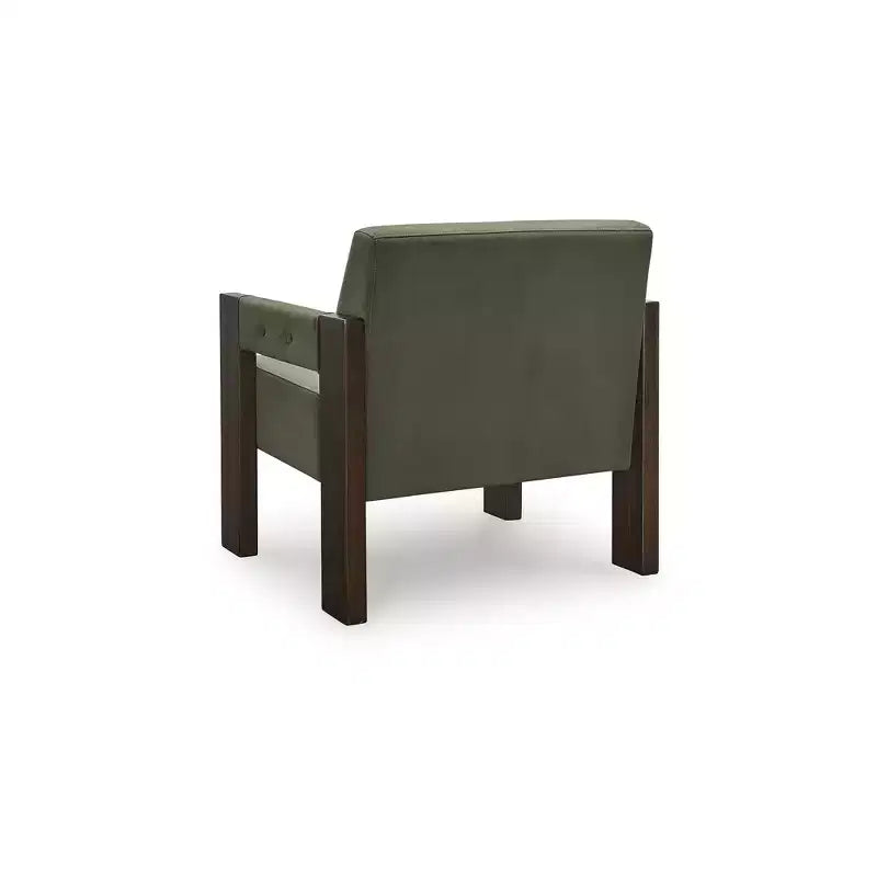 Poltrona color verde oliva in velluto con struttura in legno color espresso