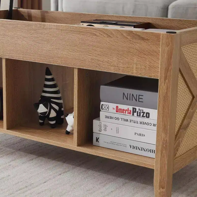 Tavolino da Caffè Rettangolare in Truciolare Color Rovere con Intreccio in Rattan di Bambù, Allungabile e Sollevabile