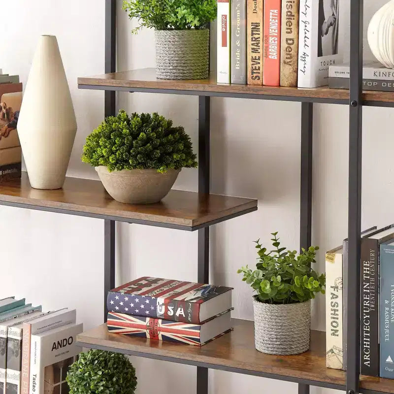 Espositore portavasi in metallo a 5 ripiani TROPOW, libreria e scaffale contenitore, per interni, soggiorno, terrazza, giardino, balcone. Marrone rustico.