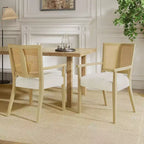 PexFix 2Pcs Modern Upholstered Fabric Armchairs Dining Chairs Rattan Back Dining Room Chairs Accent Kitchen Chairs with Solid Wood Legs Natural