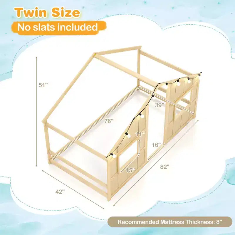Costway Letto a terra per bambini a forma di casa, in legno massello, con luci LED, senza doghe, Grigio/Naturale/Bianco