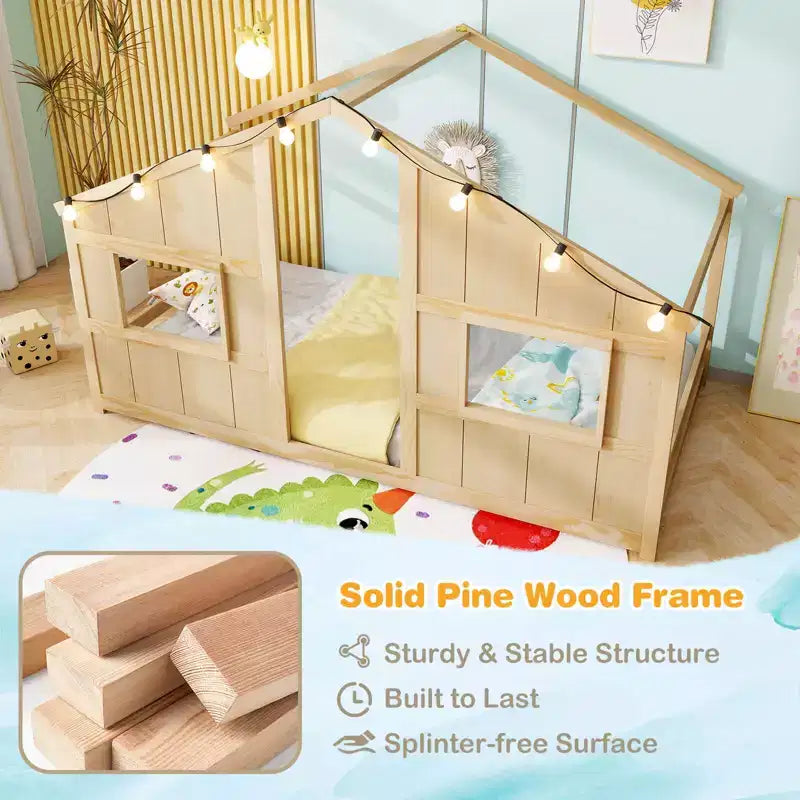Costway Letto a terra per bambini a forma di casa, in legno massello, con luci LED, senza doghe, Grigio/Naturale/Bianco
