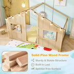 Costway Letto a terra per bambini a forma di casa, in legno massello, con luci LED, senza doghe, Grigio/Naturale/Bianco