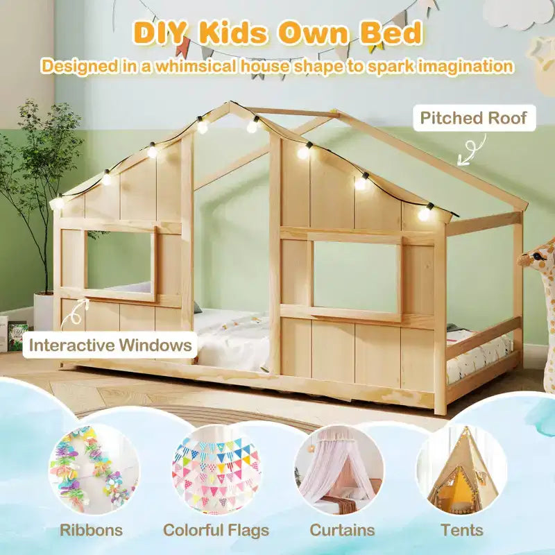 Costway Letto a terra per bambini a forma di casa, in legno massello, con luci LED, senza doghe, Grigio/Naturale/Bianco