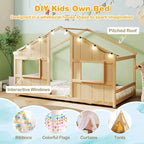 Costway Letto a terra per bambini a forma di casa, in legno massello, con luci LED, senza doghe, Grigio/Naturale/Bianco