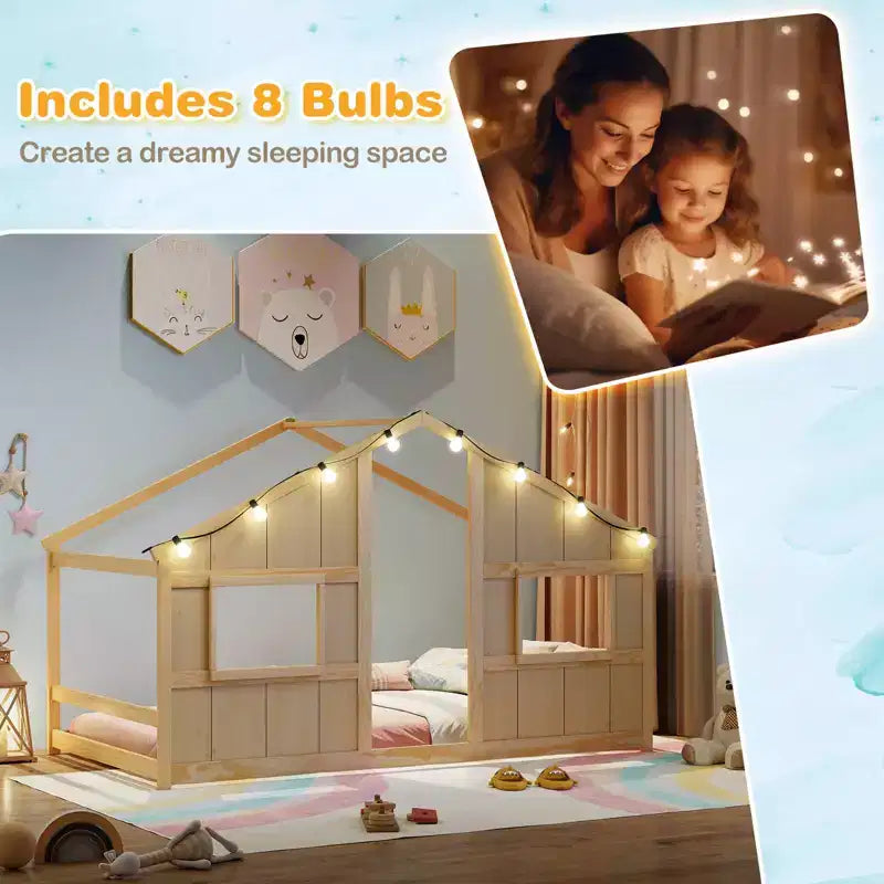 Costway Letto a terra per bambini a forma di casa, in legno massello, con luci LED, senza doghe, Grigio/Naturale/Bianco