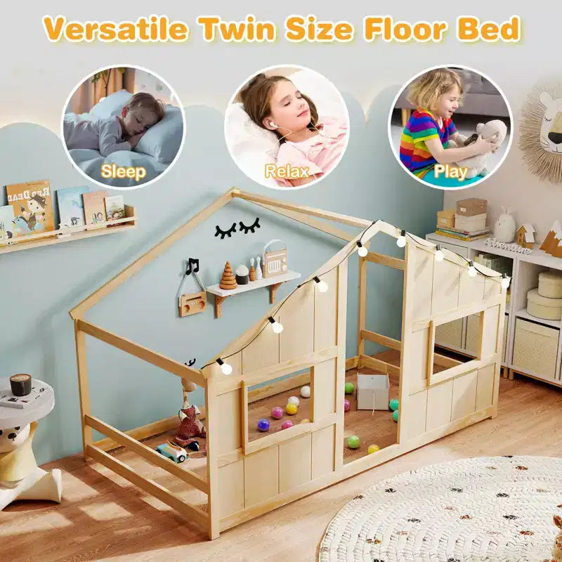 Costway Letto a terra per bambini a forma di casa, in legno massello, con luci LED, senza doghe, Grigio/Naturale/Bianco