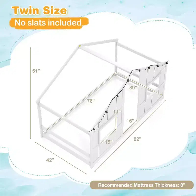 Costway Letto a terra per bambini a forma di casa, in legno massello, con luci LED, senza doghe, Grigio/Naturale/Bianco