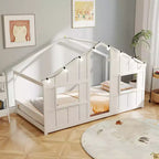 Costway Letto a terra per bambini a forma di casa, in legno massello, con luci LED, senza doghe, Grigio/Naturale/Bianco