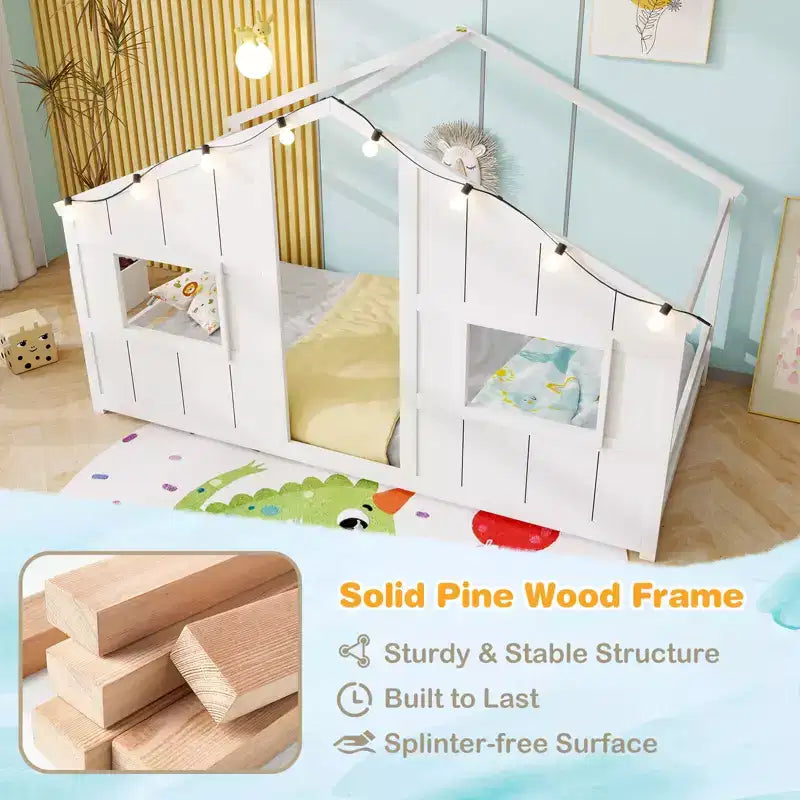 Costway Letto a terra per bambini a forma di casa, in legno massello, con luci LED, senza doghe, Grigio/Naturale/Bianco