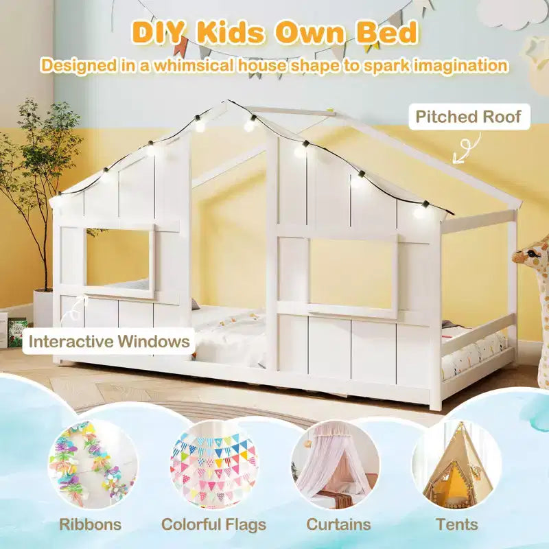Costway Letto a terra per bambini a forma di casa, in legno massello, con luci LED, senza doghe, Grigio/Naturale/Bianco