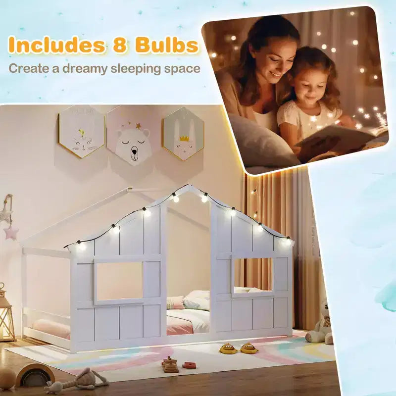 Costway Letto a terra per bambini a forma di casa, in legno massello, con luci LED, senza doghe, Grigio/Naturale/Bianco