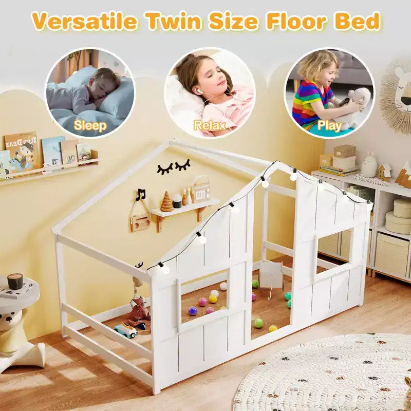 Costway Letto a terra per bambini a forma di casa, in legno massello, con luci LED, senza doghe, Grigio/Naturale/Bianco
