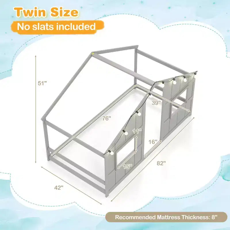 Costway Letto a terra per bambini a forma di casa, in legno massello, con luci LED, senza doghe, Grigio/Naturale/Bianco