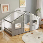 Costway Letto a terra per bambini a forma di casa, in legno massello, con luci LED, senza doghe, Grigio/Naturale/Bianco