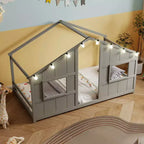Costway Letto a terra per bambini a forma di casa, in legno massello, con luci LED, senza doghe, Grigio/Naturale/Bianco