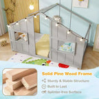 Costway Letto a terra per bambini a forma di casa, in legno massello, con luci LED, senza doghe, Grigio/Naturale/Bianco