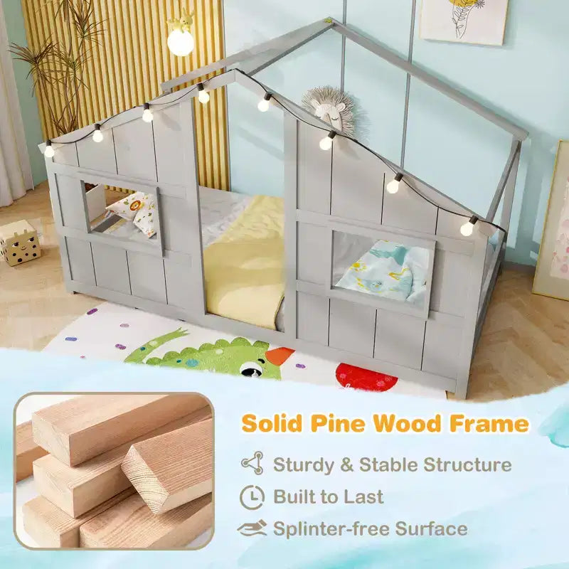 Costway Letto a terra per bambini a forma di casa, in legno massello, con luci LED, senza doghe, Grigio/Naturale/Bianco