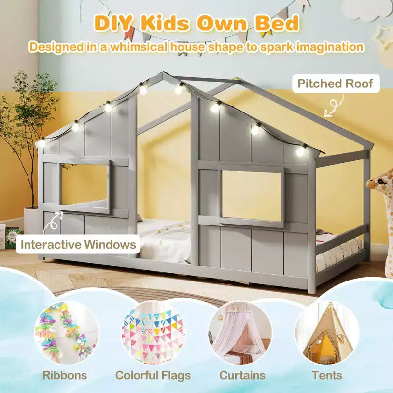 Costway Letto a terra per bambini a forma di casa, in legno massello, con luci LED, senza doghe, Grigio/Naturale/Bianco