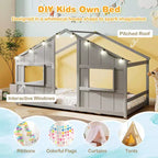 Costway Letto a terra per bambini a forma di casa, in legno massello, con luci LED, senza doghe, Grigio/Naturale/Bianco
