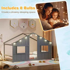 Costway Letto a terra per bambini a forma di casa, in legno massello, con luci LED, senza doghe, Grigio/Naturale/Bianco