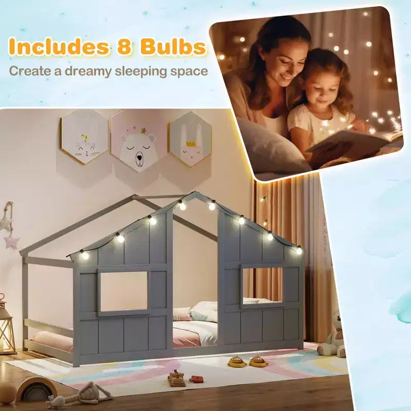 Costway Letto a terra per bambini a forma di casa, in legno massello, con luci LED, senza doghe, Grigio/Naturale/Bianco