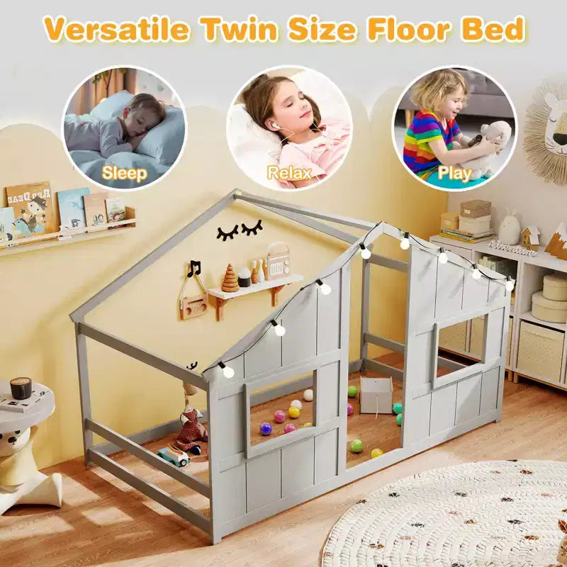 Costway Letto a terra per bambini a forma di casa, in legno massello, con luci LED, senza doghe, Grigio/Naturale/Bianco
