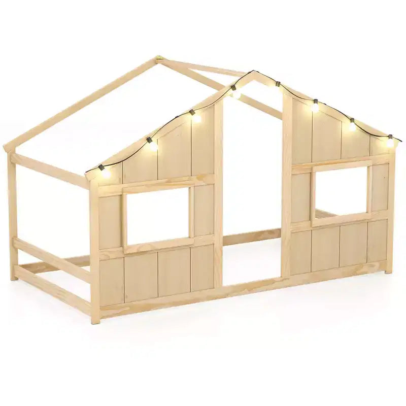 Costway Letto a terra per bambini a forma di casa, in legno massello, con luci LED, senza doghe, Grigio/Naturale/Bianco
