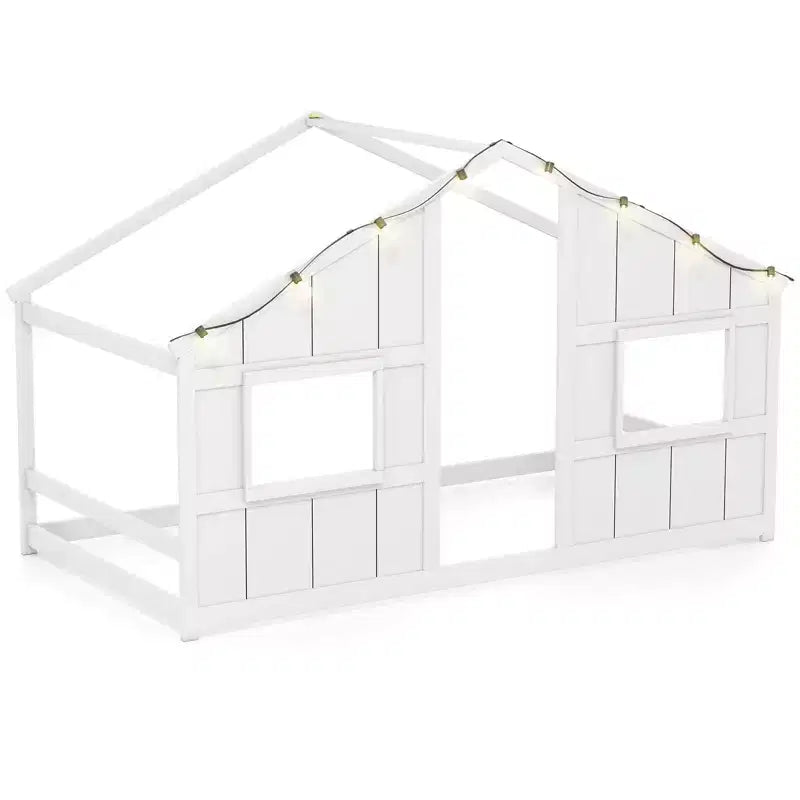 Costway Letto a terra per bambini a forma di casa, in legno massello, con luci LED, senza doghe, Grigio/Naturale/Bianco