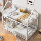Letto a Castello in Metallo per Bambini, Letto a Castello a Pavimento con Recinzione, Porta e Spondine
