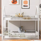 Letto a Castello in Metallo per Bambini, Letto a Castello a Pavimento con Recinzione, Porta e Spondine