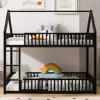 Letto a Castello in Metallo per Bambini, Letto a Castello a Pavimento con Recinzione, Porta e Spondine